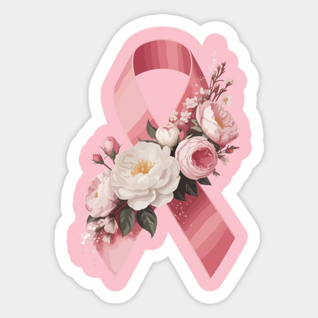 Pink Ribbon with Flowers – Breast Cancer Awareness Design Sticker by ism's Store